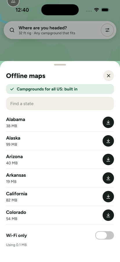 RigStop offline maps list with downloadable state packs